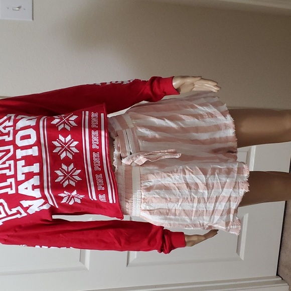 Umgee L linen blend cabana stripes smocked waist eyelash hems pockets - Picture 2 of 7